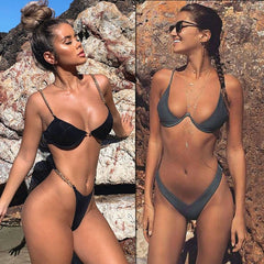 2020 New high cut thong bathing suit high waist swimsuit Solid swimwear women Brazilian Biquini swim beach micro bikini set