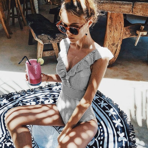 2020 Sexy Striped Swimsuit Women Push Up One Piece Swimsuit Print High Waist Swimwear Female Retro Ruffled Bodysuit Monokini XXL