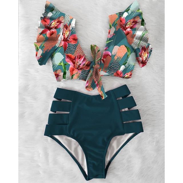 High Waist Bikini 2020 Ruffle Swimwear Women Print Sexy Swimsuit Push Up Bikinis Plus Size Bathing Suits Floral Beach Wear