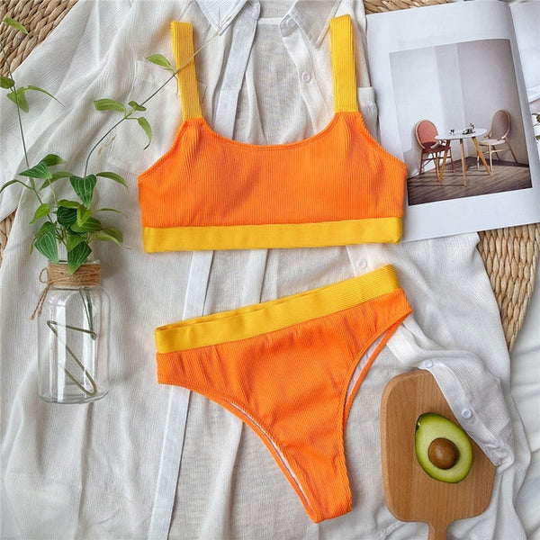 Patchwork swimsuit women High waist bikini 2020 Bandeau swimwear Ribbed biquini Sports bathing suit Vintage swim suit female new