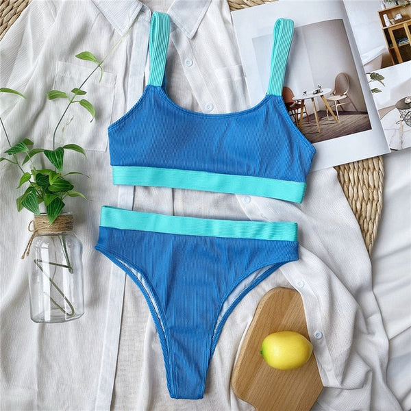Patchwork swimsuit women High waist bikini 2020 Bandeau swimwear Ribbed biquini Sports bathing suit Vintage swim suit female new