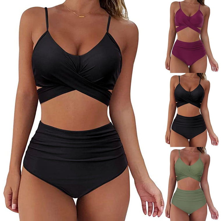 #H30 Solid Color  Women Padded Push-up Bra Tankini Bikini Set 2020 Swimsuit High Waist Bathing Suit Swimwear Two Pieces