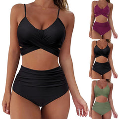 #H30 Solid Color  Women Padded Push-up Bra Tankini Bikini Set 2020 Swimsuit High Waist Bathing Suit Swimwear Two Pieces