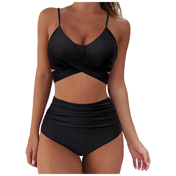 #H30 Solid Color  Women Padded Push-up Bra Tankini Bikini Set 2020 Swimsuit High Waist Bathing Suit Swimwear Two Pieces