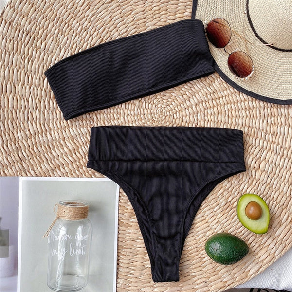 Patchwork swimsuit women High waist bikini 2020 Bandeau swimwear Ribbed biquini Sports bathing suit Vintage swim suit female new