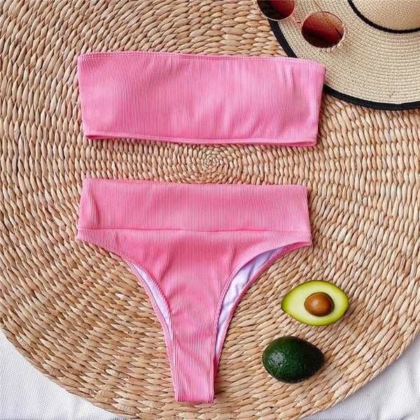 Patchwork swimsuit women High waist bikini 2020 Bandeau swimwear Ribbed biquini Sports bathing suit Vintage swim suit female new