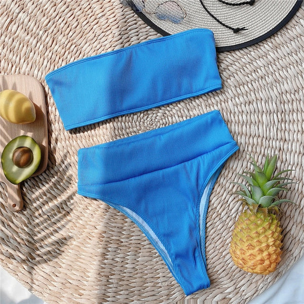 Patchwork swimsuit women High waist bikini 2020 Bandeau swimwear Ribbed biquini Sports bathing suit Vintage swim suit female new