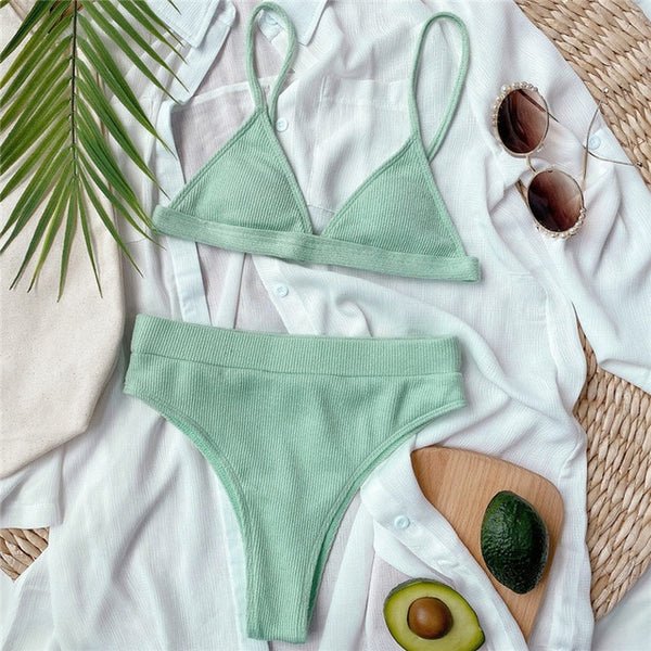 Patchwork swimsuit women High waist bikini 2020 Bandeau swimwear Ribbed biquini Sports bathing suit Vintage swim suit female new