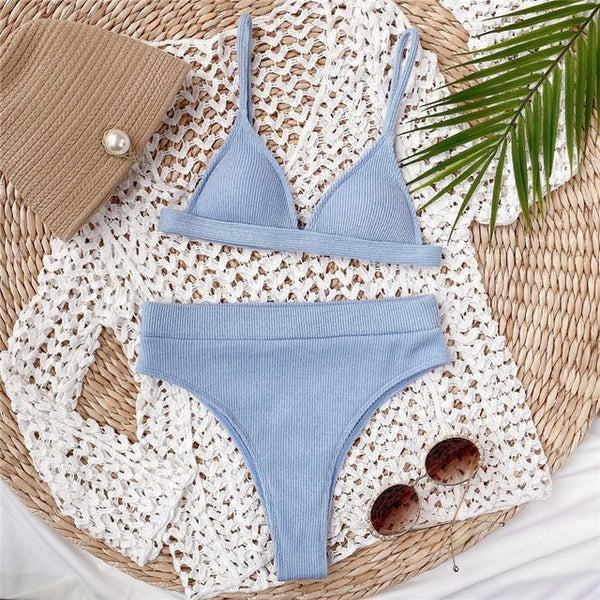 Patchwork swimsuit women High waist bikini 2020 Bandeau swimwear Ribbed biquini Sports bathing suit Vintage swim suit female new