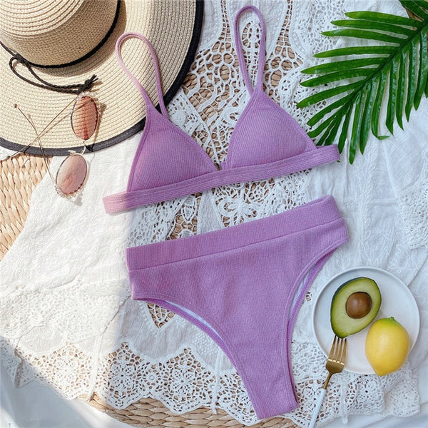 Patchwork swimsuit women High waist bikini 2020 Bandeau swimwear Ribbed biquini Sports bathing suit Vintage swim suit female new