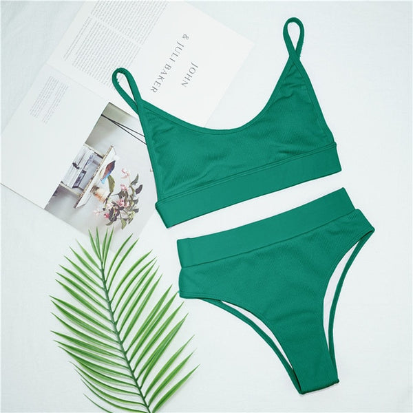 Patchwork swimsuit women High waist bikini 2020 Bandeau swimwear Ribbed biquini Sports bathing suit Vintage swim suit female new