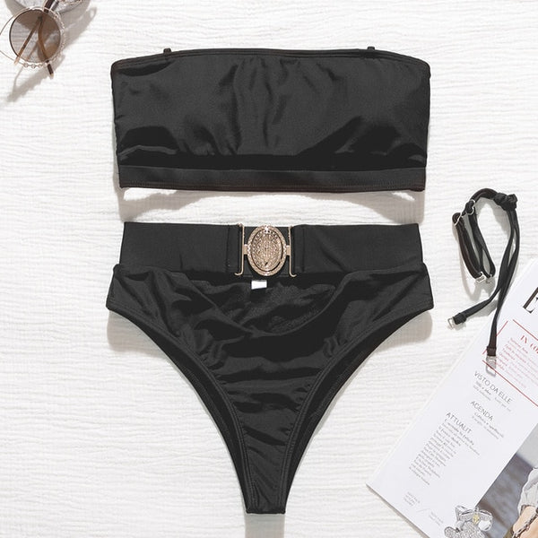 Mossha Hollow out White swimwear women High waist bikini 2020 Mujer Metal Buckle belt swimsuit women biquini female bathing suit