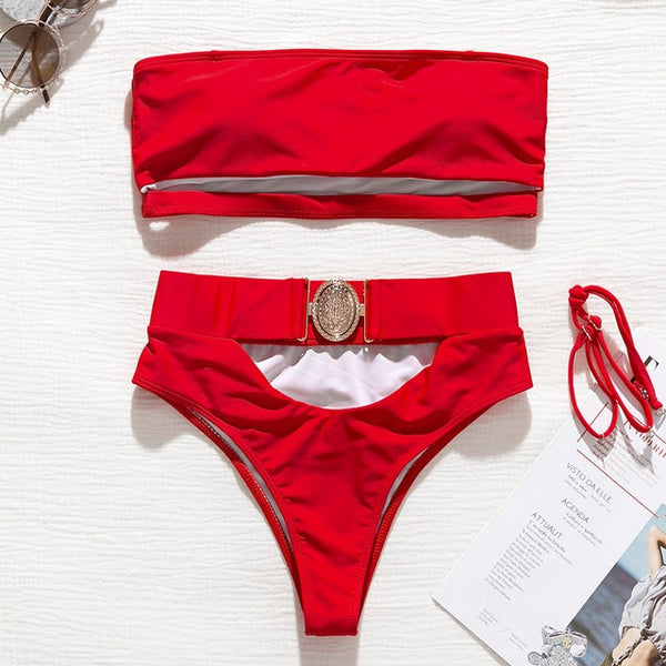 Mossha Hollow out White swimwear women High waist bikini 2020 Mujer Metal Buckle belt swimsuit women biquini female bathing suit
