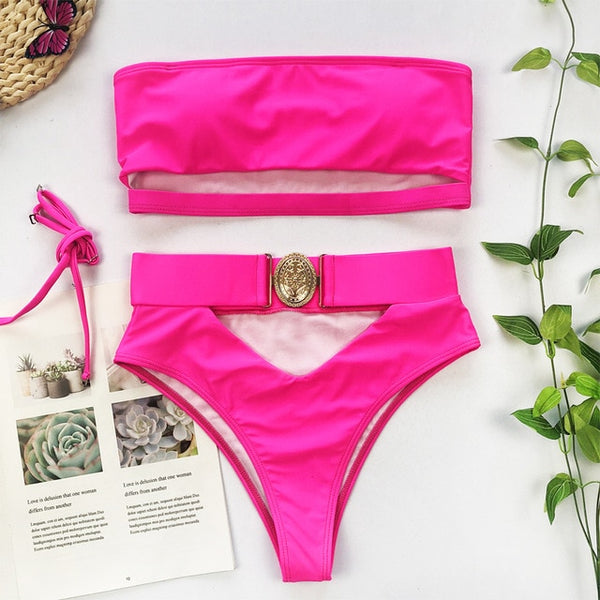 Mossha Hollow out White swimwear women High waist bikini 2020 Mujer Metal Buckle belt swimsuit women biquini female bathing suit