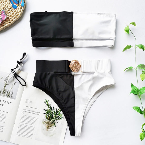Mossha Hollow out White swimwear women High waist bikini 2020 Mujer Metal Buckle belt swimsuit women biquini female bathing suit