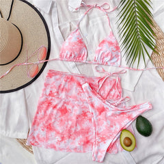 Peachtan Tie dye bikini 2020 Skirted swimsuit women High cut 3 piece suit halter swimwear female Triangle bathing suit Backless