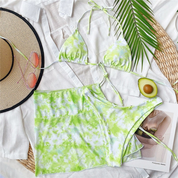 Peachtan Tie dye bikini 2020 Skirted swimsuit women High cut 3 piece suit halter swimwear female Triangle bathing suit Backless