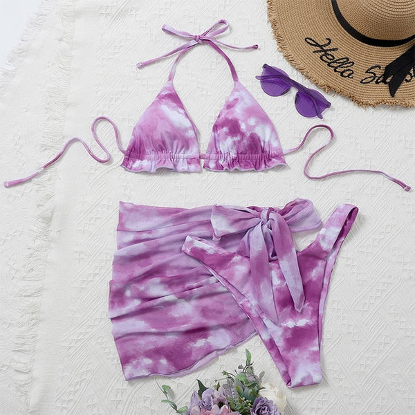 Peachtan Tie dye bikini 2020 Skirted swimsuit women High cut 3 piece suit halter swimwear female Triangle bathing suit Backless
