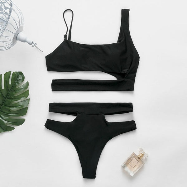 Mossha Hollow out White swimwear women High waist bikini 2020 Mujer Metal Buckle belt swimsuit women biquini female bathing suit