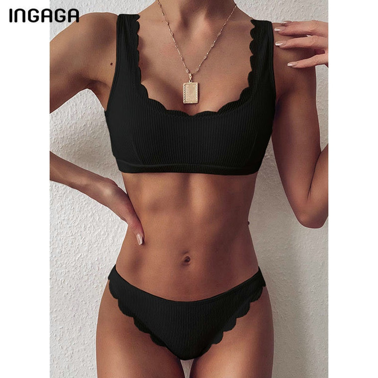INGAGA Push Up Bikinis 2020 Swimsuits Black Swimwear Women Sexy Lace Bathing Suit Women Solid Ribbed Biquini Bikini Set Bathers