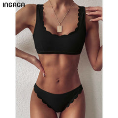 INGAGA Push Up Bikinis 2020 Swimsuits Black Swimwear Women Sexy Lace Bathing Suit Women Solid Ribbed Biquini Bikini Set Bathers