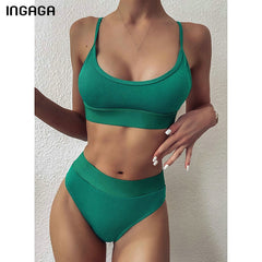 INGAGA High Waist Bikinis 2020 Swimwear Women Push Up Swimsuits Solid Black Biquini Patchwork Bathing Suits Strap Swim Suit