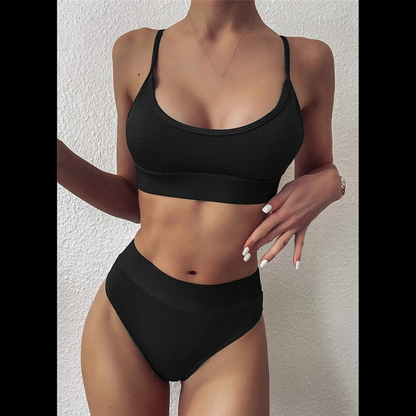 INGAGA High Waist Bikinis 2020 Swimwear Women Push Up Swimsuits Solid Black Biquini Patchwork Bathing Suits Strap Swim Suit