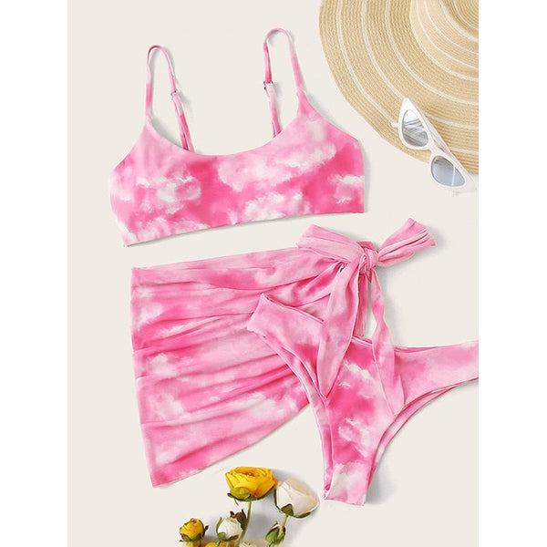 Peachtan Tie dye bikini 2020 Skirted swimsuit women High cut 3 piece suit halter swimwear female Triangle bathing suit Backless