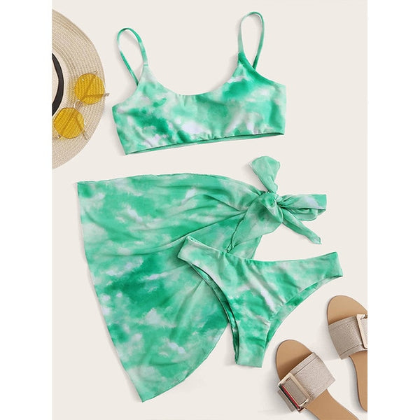 Peachtan Tie dye bikini 2020 Skirted swimsuit women High cut 3 piece suit halter swimwear female Triangle bathing suit Backless