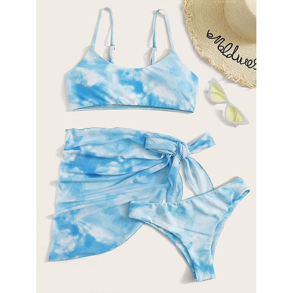 Peachtan Tie dye bikini 2020 Skirted swimsuit women High cut 3 piece suit halter swimwear female Triangle bathing suit Backless