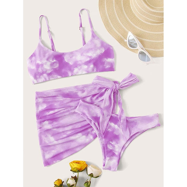 Peachtan Tie dye bikini 2020 Skirted swimsuit women High cut 3 piece suit halter swimwear female Triangle bathing suit Backless