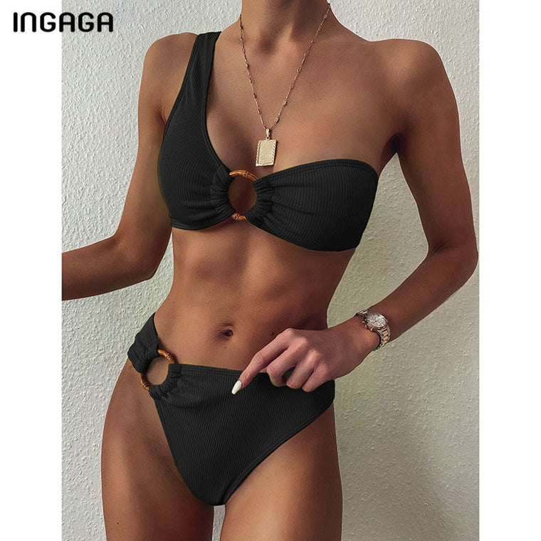 INGAGA One Shoulder Bikinis Swimsuits High Waist Swimwear Women 2020 Black Bathing Suits Ring Beachwear Special Fabric Biquini