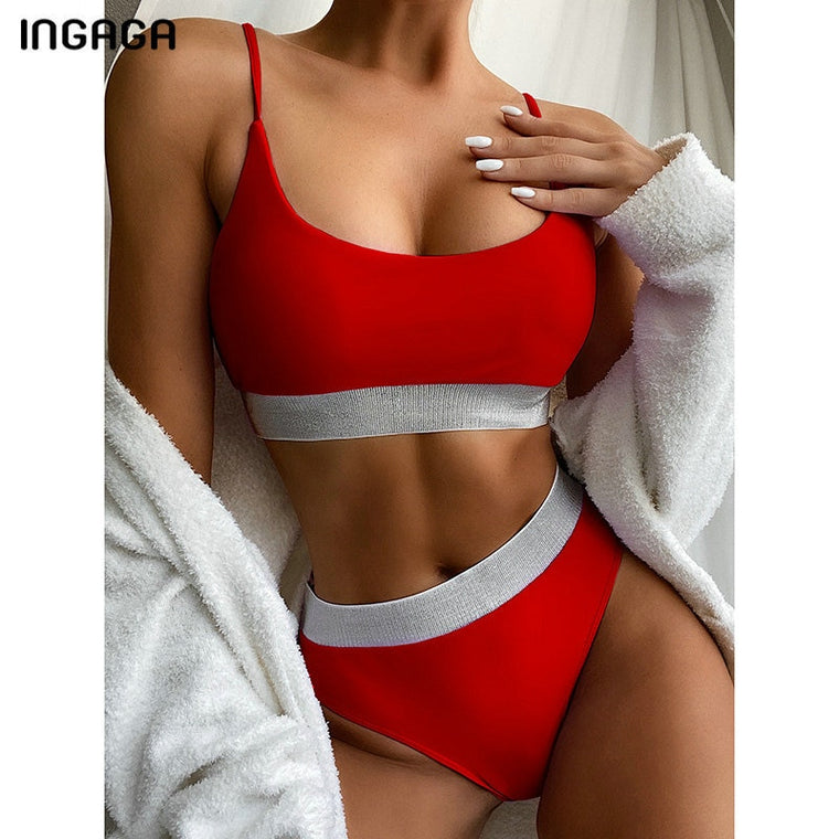 INGAGA High Waist Bikinis 2020 Swimsuits Push Up Swimwear Women Shiny Splicing Biquini High Cut Bathers Bathing Suits Bikini Set