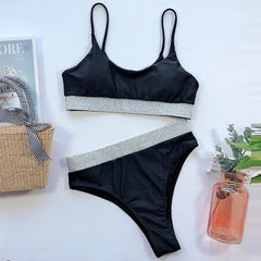 INGAGA High Waist Bikinis 2020 Swimsuits Push Up Swimwear Women Shiny Splicing Biquini High Cut Bathers Bathing Suits Bikini Set