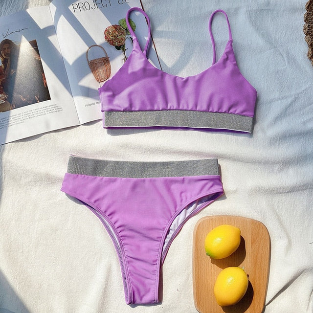 INGAGA High Waist Bikinis 2020 Swimsuits Push Up Swimwear Women Shiny Splicing Biquini High Cut Bathers Bathing Suits Bikini Set
