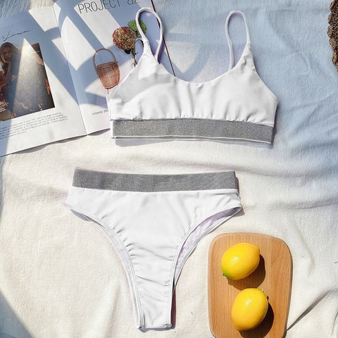 INGAGA High Waist Bikinis 2020 Swimsuits Push Up Swimwear Women Shiny Splicing Biquini High Cut Bathers Bathing Suits Bikini Set