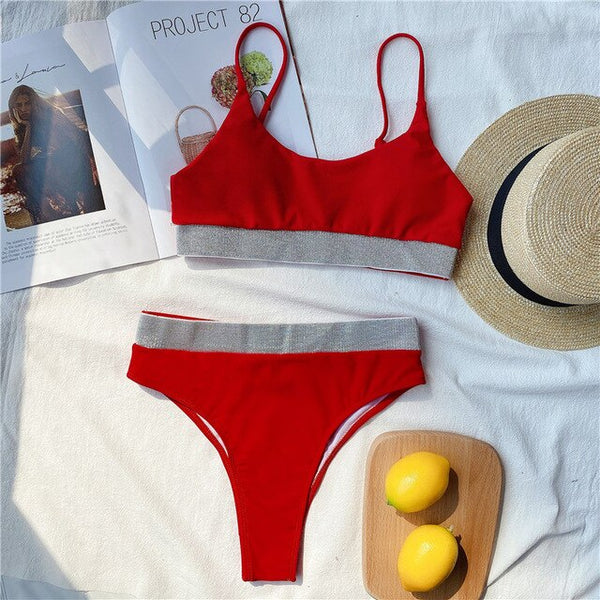 Patchwork swimsuit women High waist bikini 2020 Bandeau swimwear Ribbed biquini Sports bathing suit Vintage swim suit female new