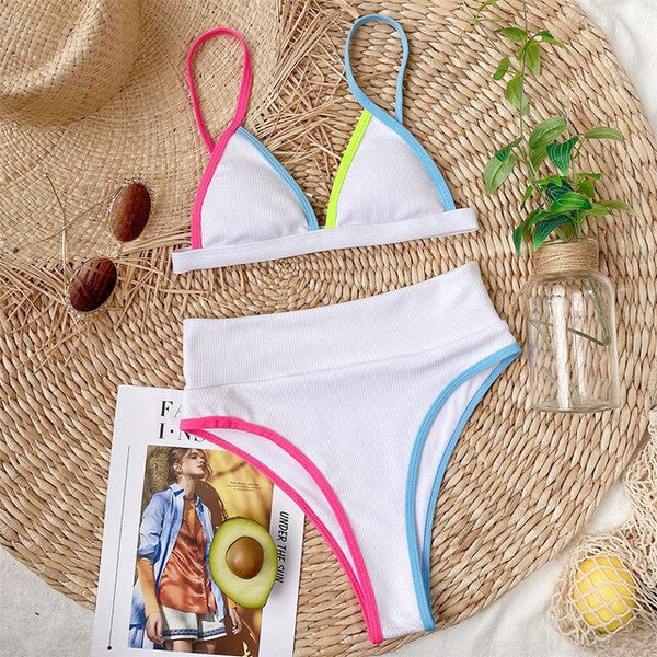 Patchwork swimsuit women High waist bikini 2020 Bandeau swimwear Ribbed biquini Sports bathing suit Vintage swim suit female new