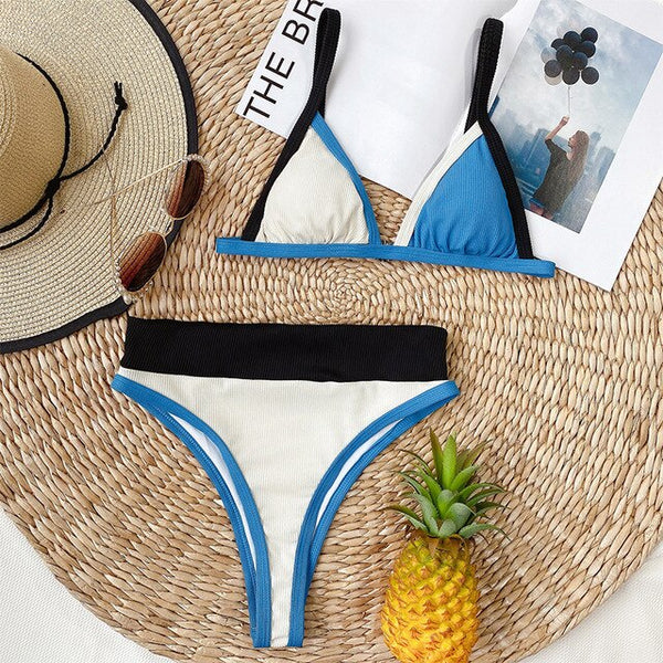 Patchwork swimsuit women High waist bikini 2020 Bandeau swimwear Ribbed biquini Sports bathing suit Vintage swim suit female new