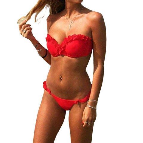 hirigin Women's High Waist Bikini Set Swimwear Swimsuit Ladies Ruffles Fashion Solid color Beachwear Bathing Suit