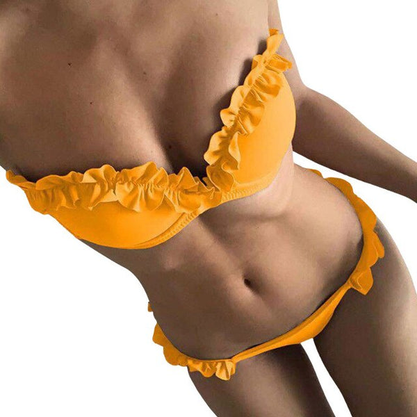 hirigin Women's High Waist Bikini Set Swimwear Swimsuit Ladies Ruffles Fashion Solid color Beachwear Bathing Suit